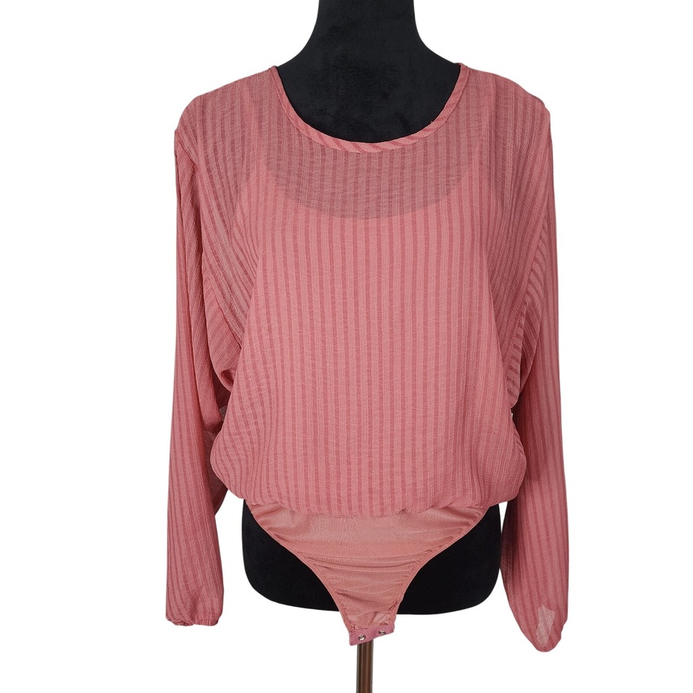 PROMESA Size Medium Sheer Striped Dusty Rose Open Back Snap Bodysuit Cami Blouse
